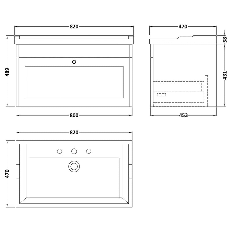 Classique 800mm Wall Hung Vanity Unit With 1 Drawer With Traditional Basin - Soft Black