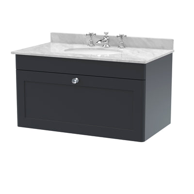 Classique 800mm Wall Hung Vanity Unit With 1 Drawer With Grey Marble Worktop With Round Basin - Soft Black