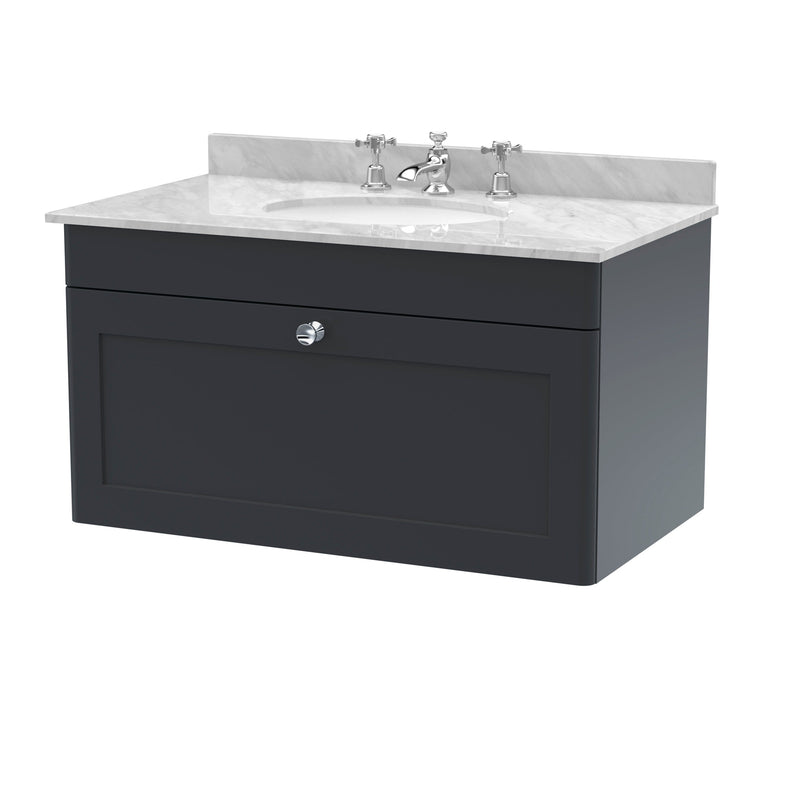 Classique 800mm Wall Hung Vanity Unit With 1 Drawer With Grey Marble Worktop With Round Basin - Soft Black