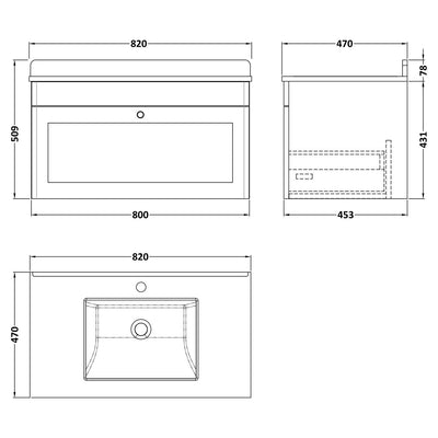 Classique 800mm Wall Hung Vanity Unit With 1 Drawer With White Marble Worktop With Square Basin - Soft Black