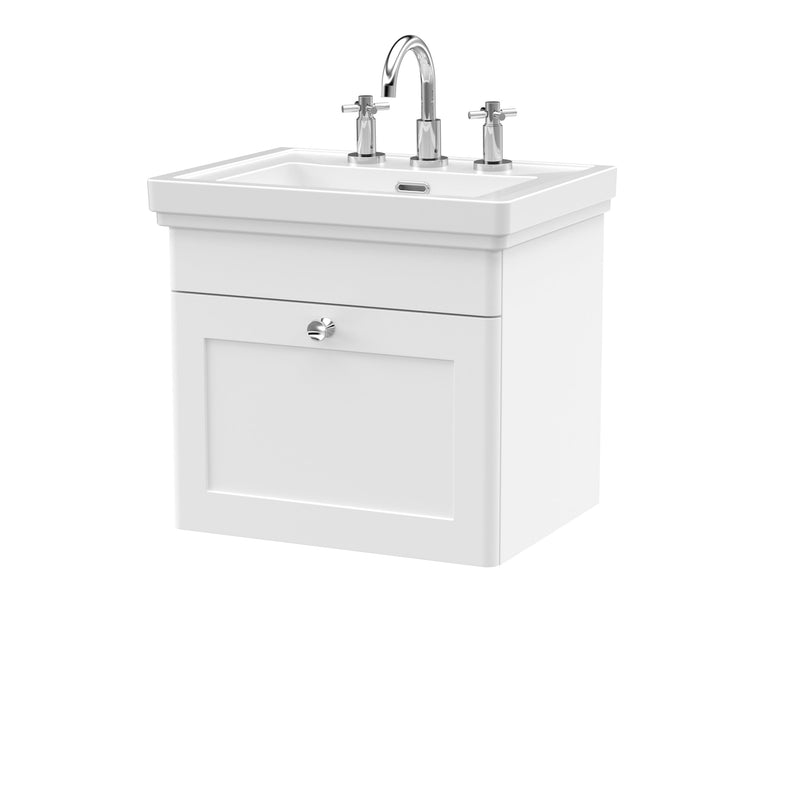 Classique 500mm Wall Hung Vanity Unit With 1 Drawer With Fireclay Basin - Satin White