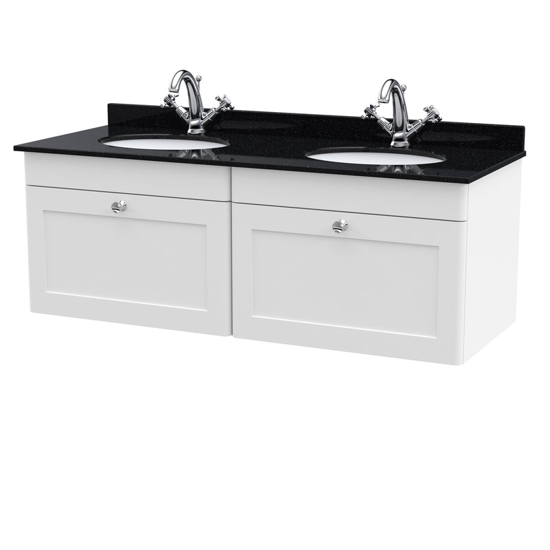 Classique 1200mm Wall Hung Vanity Unit With 2 Drawers With Black Marble Worktop With 2 Round Basins - Satin White