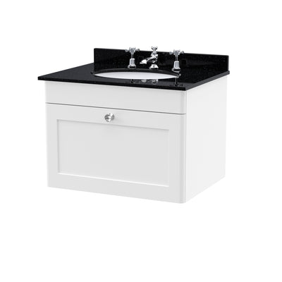 Classique 600mm Wall Hung Vanity Unit With 1 Drawer With Black Marble Worktop With Round Basin - Satin White