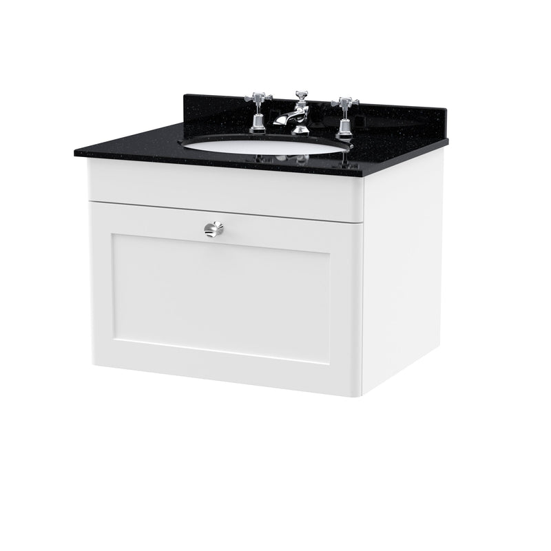 Classique 600mm Wall Hung Vanity Unit With 1 Drawer With Black Marble Worktop With Round Basin - Satin White