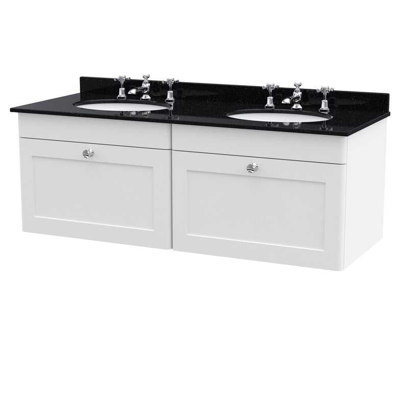 Classique 1200mm Wall Hung Vanity Unit With 2 Drawers With Black Marble Worktop With 2 Round Basins - Satin White