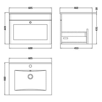 Classique 600mm Wall Hung Vanity Unit With 1 Drawer With Minimalist Ceramic Basin - Satin White