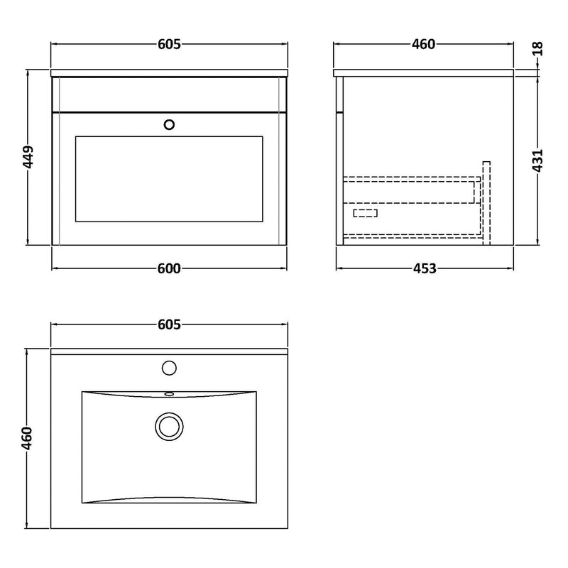 Classique 600mm Wall Hung Vanity Unit With 1 Drawer With Minimalist Ceramic Basin - Satin White