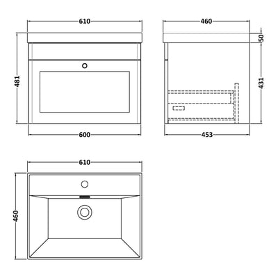 Classique 600mm Wall Hung Vanity Unit With 1 Drawer With Thin Edge Ceramic Basin - Satin White