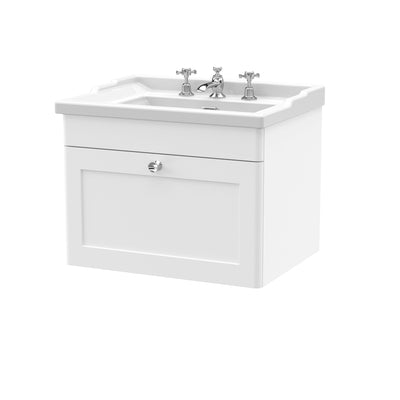 Classique 600mm Wall Hung Vanity Unit With 1 Drawer With Traditional Basin - Satin White