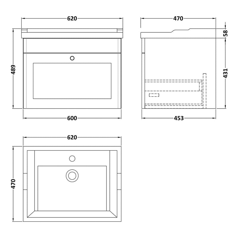 Classique 600mm Wall Hung Vanity Unit With 1 Drawer With Traditional Basin - Satin White