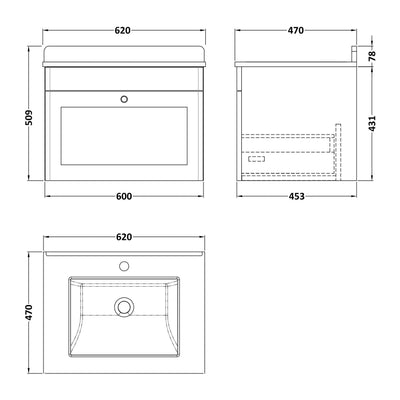 Classique 600mm Wall Hung Vanity Unit With 1 Drawer With White Marble Worktop With Square Basin - Satin White