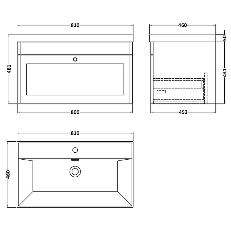 Classique 800mm Wall Hung Vanity Unit With 1 Drawer With Thin Edge Ceramic Basin - Satin White