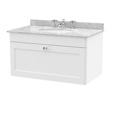 Classique 800mm Wall Hung Vanity Unit With 1 Drawer With Grey Marble Worktop With Round Basin - Satin White