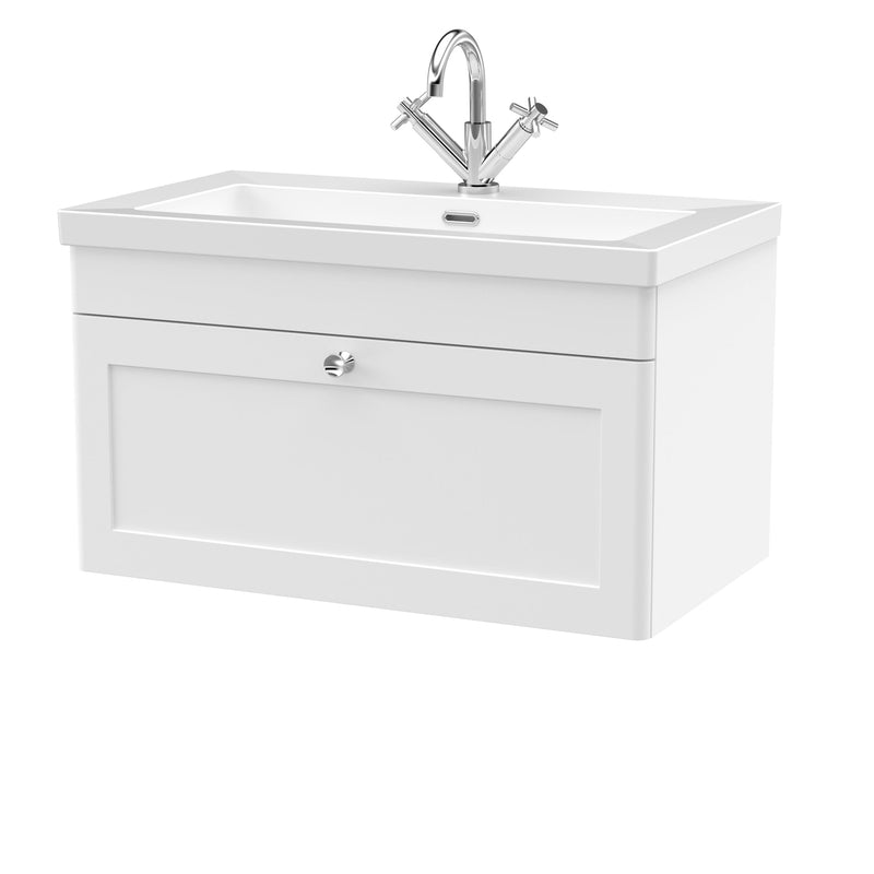 Classique 800mm Wall Hung Vanity Unit With 1 Drawer With Contemporary Basin - Satin White