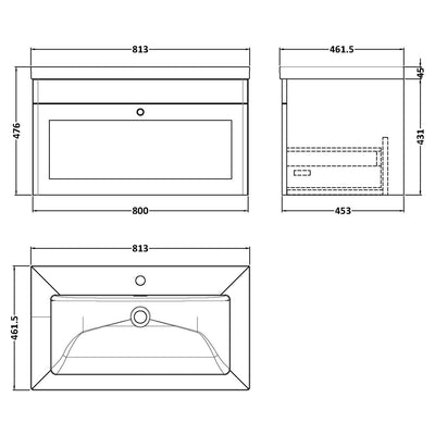 Classique 800mm Wall Hung Vanity Unit With 1 Drawer With Contemporary Basin - Satin White