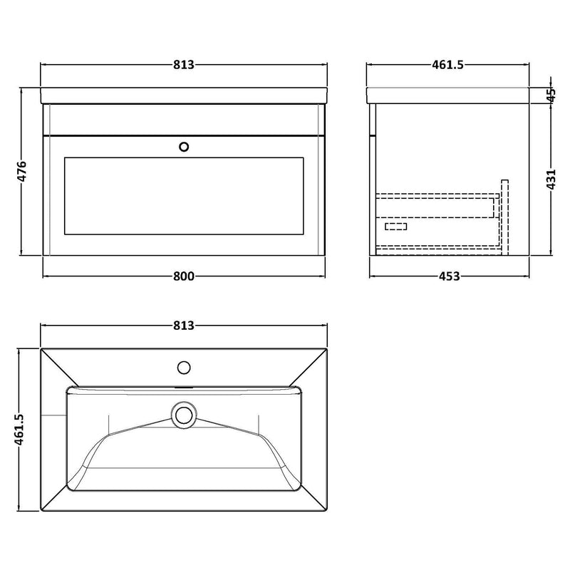 Classique 800mm Wall Hung Vanity Unit With 1 Drawer With Contemporary Basin - Satin White