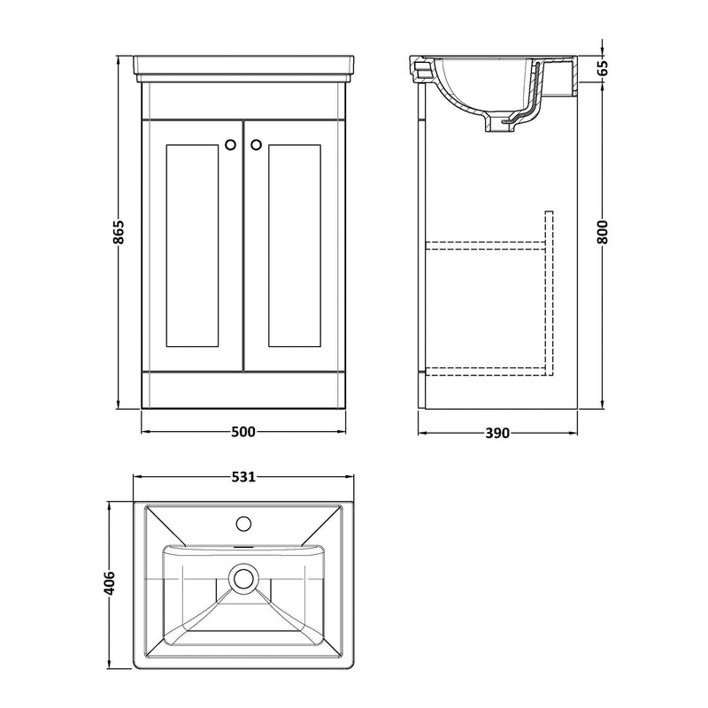 Classique 500mm Floor Standing Vanity Unit With 2 Doors With Fireclay Basin - Satin Grey