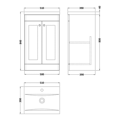 Classique 500mm Floor Standing Vanity Unit With 2 Doors With Mid Edge Ceramic Basin - Satin Grey