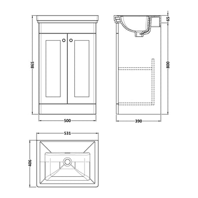 Classique 500mm Floor Standing Vanity Unit With 2 Doors With Fireclay Basin - Satin Grey