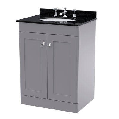 Classique 600mm Floor Standing Vanity Unit With 2 Doors With Black Marble Worktop With Round Basin - Satin Grey