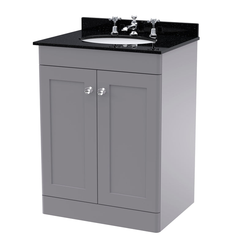 Classique 600mm Floor Standing Vanity Unit With 2 Doors With Black Marble Worktop With Round Basin - Satin Grey