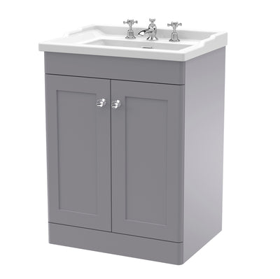 Classique 600mm Floor Standing Vanity Unit With 2 Doors With Traditional Basin - Satin Grey