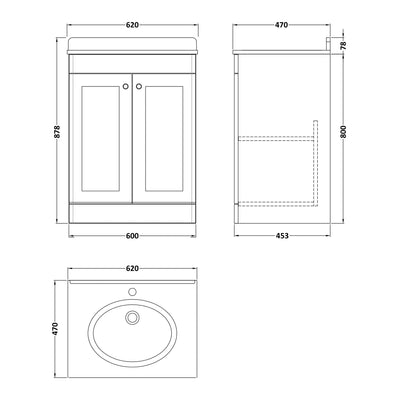 Classique 600mm Floor Standing Vanity Unit With 2 Doors With Grey Marble Worktop With Round Basin - Satin Grey