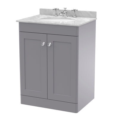 Classique 600mm Floor Standing Vanity Unit With 2 Doors With Grey Marble Worktop With Round Basin - Satin Grey