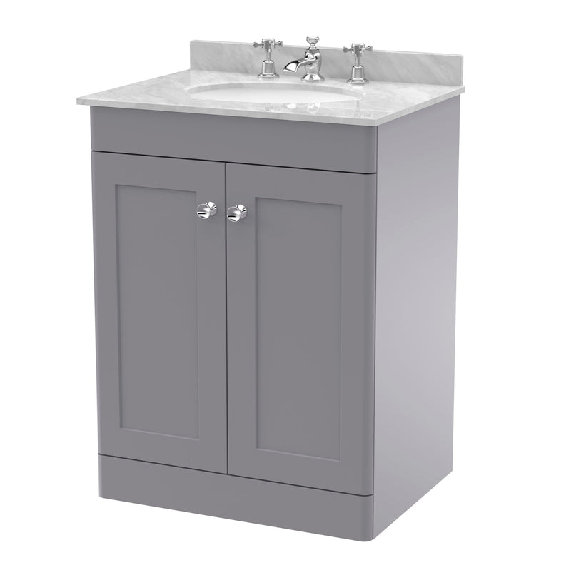 Classique 600mm Floor Standing Vanity Unit With 2 Doors With Grey Marble Worktop With Round Basin - Satin Grey