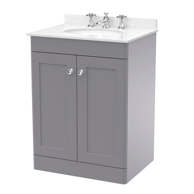 Classique 600mm Floor Standing Vanity Unit With 2 Doors With White Marble Worktop With Round Basin - Satin Grey