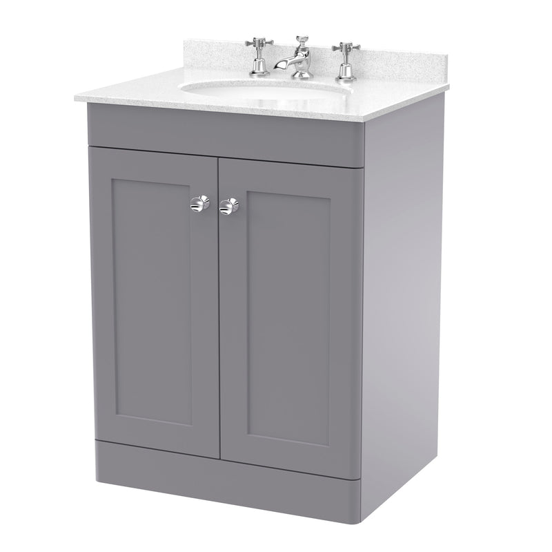 Classique 600mm Floor Standing Vanity Unit With 2 Doors With White Marble Worktop With Round Basin - Satin Grey