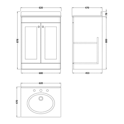 Classique 600mm Floor Standing Vanity Unit With 2 Doors With White Marble Worktop With Round Basin - Satin Grey