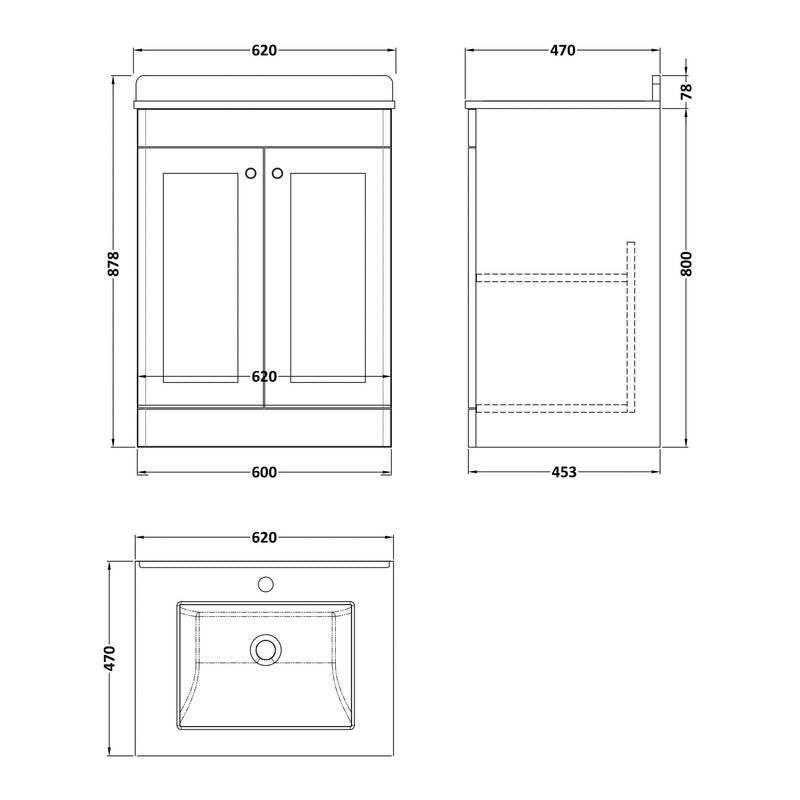 Classique 600mm Floor Standing Vanity Unit With 2 Doors With White Marble Worktop With Square Basin - Satin Grey
