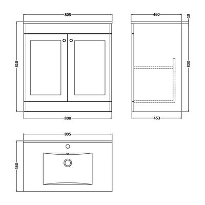 Classique 800mm Floor Standing Vanity Unit With 2 Doors With Minimalist Ceramic Basin - Satin Grey