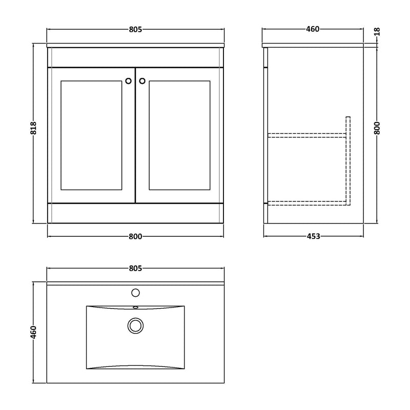 Classique 800mm Floor Standing Vanity Unit With 2 Doors With Minimalist Ceramic Basin - Satin Grey