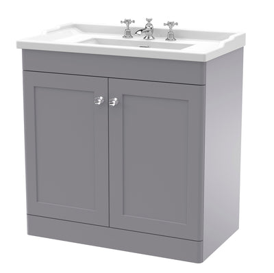 Classique 800mm Floor Standing Vanity Unit With 2 Doors With Traditional Basin - Satin Grey