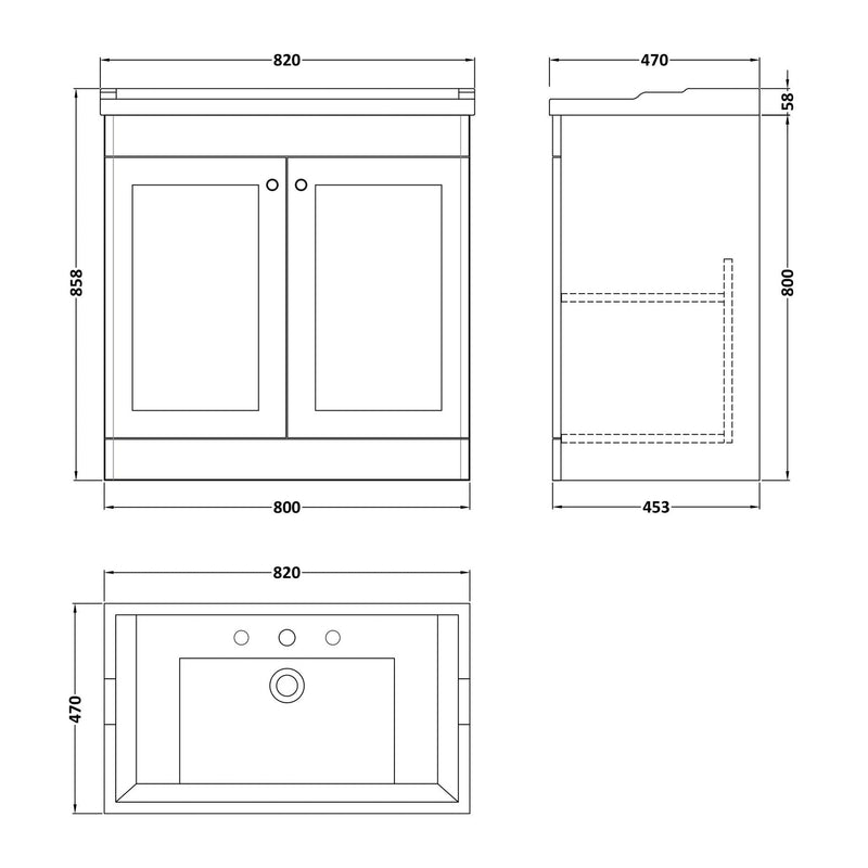Classique 800mm Floor Standing Vanity Unit With 2 Doors With Traditional Basin - Satin Grey