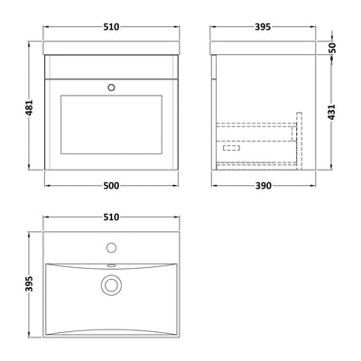 Classique 500mm Wall Hung Vanity Unit With 1 Drawer With Thin Edge Ceramic Basin - Satin Grey