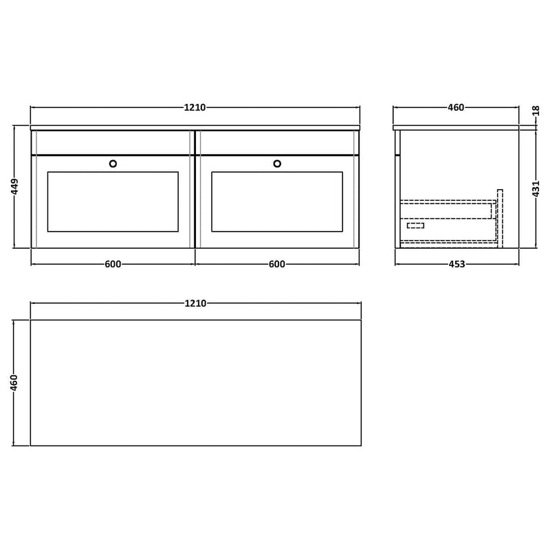 Classique 1200mm Wall Hung Vanity Unit With 2 Drawers With Grey Marble Worktop - Satin Grey