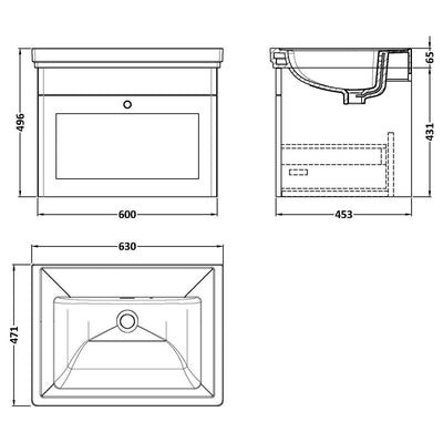 Classique 600mm Wall Hung Vanity Unit With 1 Drawer With Fireclay Basin - Satin Grey