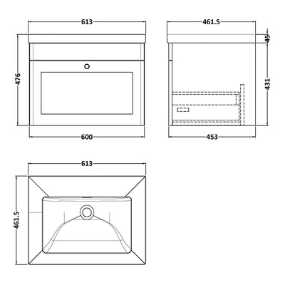 Classique 600mm Wall Hung Vanity Unit With 1 Drawer With Contemporary Basin - Satin Grey