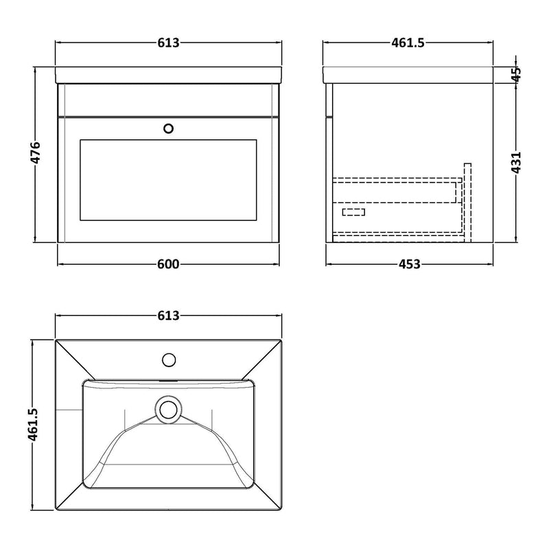 Classique 600mm Wall Hung Vanity Unit With 1 Drawer With Contemporary Basin - Satin Grey
