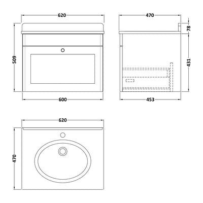 Classique 600mm Wall Hung Vanity Unit With 1 Drawer With White Marble Worktop With Round Basin - Satin Grey