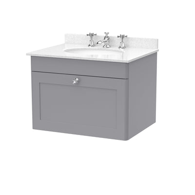 Classique 600mm Wall Hung Vanity Unit With 1 Drawer With White Marble Worktop With Round Basin - Satin Grey