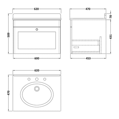 Classique 600mm Wall Hung Vanity Unit With 1 Drawer With White Marble Worktop With Round Basin - Satin Grey