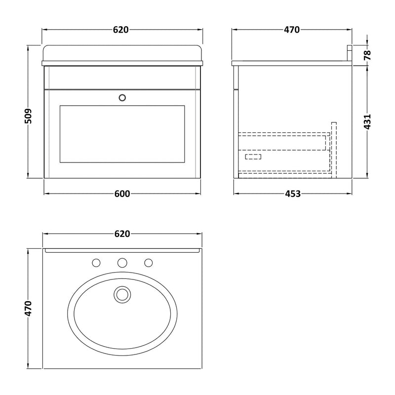 Classique 600mm Wall Hung Vanity Unit With 1 Drawer With White Marble Worktop With Round Basin - Satin Grey