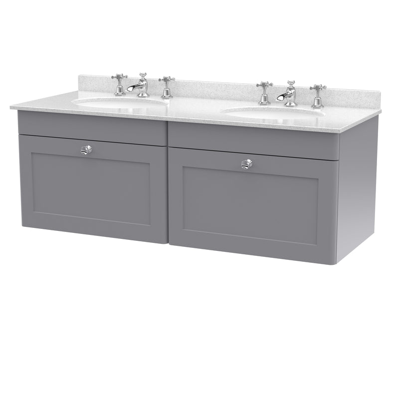 Classique 1200mm Wall Hung Vanity Unit With 2 Drawers With White Marble Worktop With 2 Round Basins - Satin Grey
