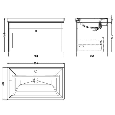 Classique 800mm Wall Hung Vanity Unit With 1 Drawer With Fireclay Basin - Satin Grey