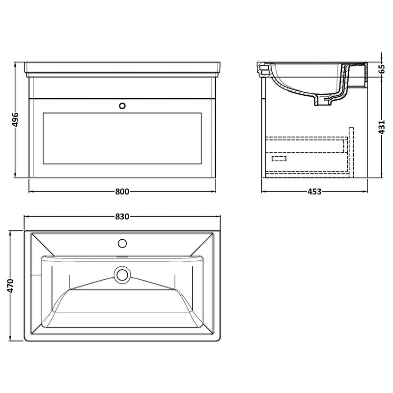 Classique 800mm Wall Hung Vanity Unit With 1 Drawer With Fireclay Basin - Satin Grey