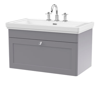 Classique 800mm Wall Hung Vanity Unit With 1 Drawer With Fireclay Basin - Satin Grey